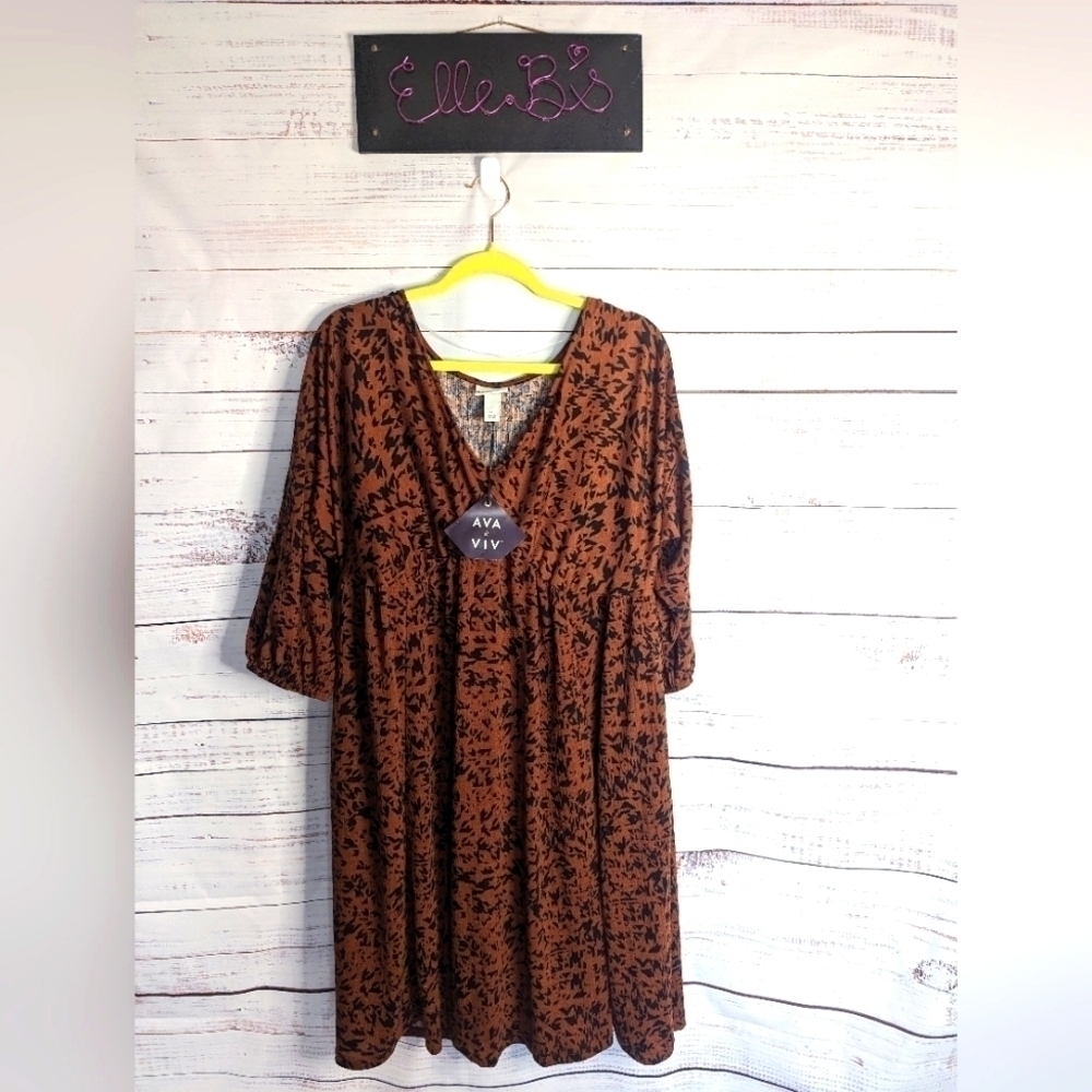 NWT Ava & Viv Brown Pattern Textured Dress w/ Pockets , 3X